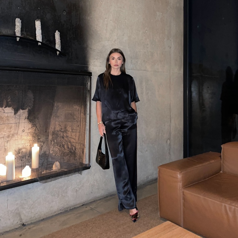 Weekend Stories Black Satin Two-Piece Set